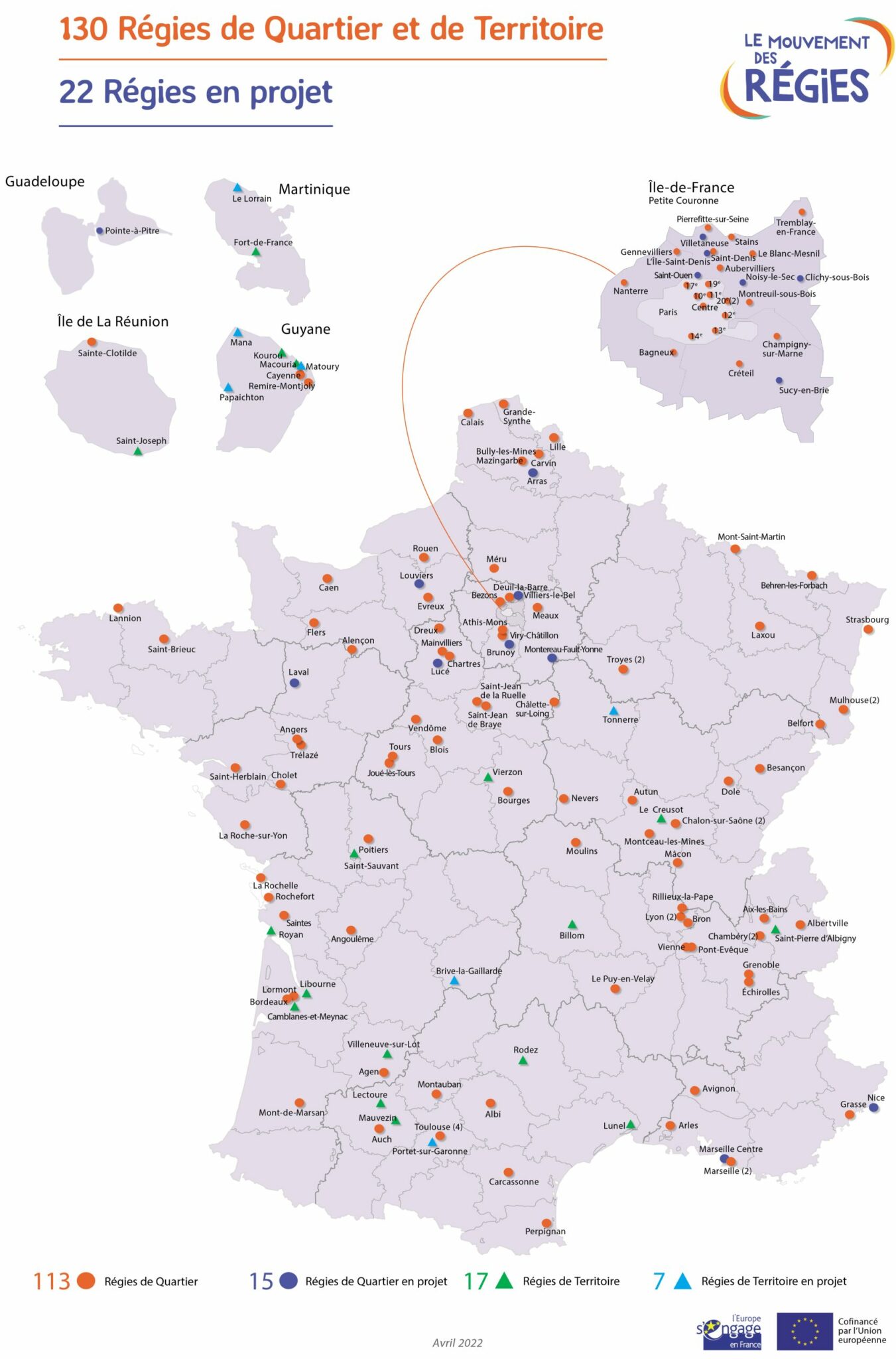 Carte de France des régies de quartier et de territoire
